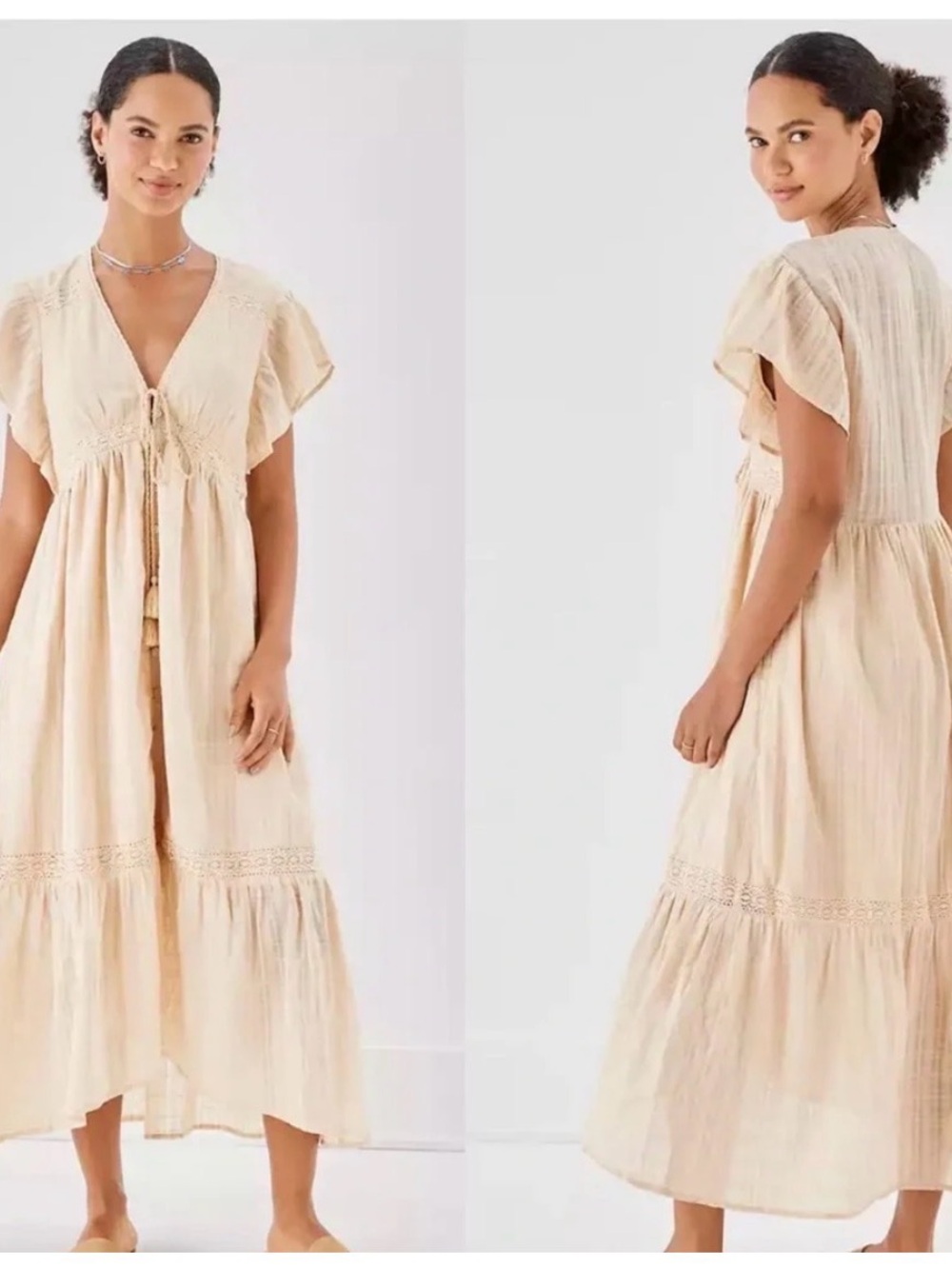 American Eagle Outfitters Cream Tie-Front Maxi Dress